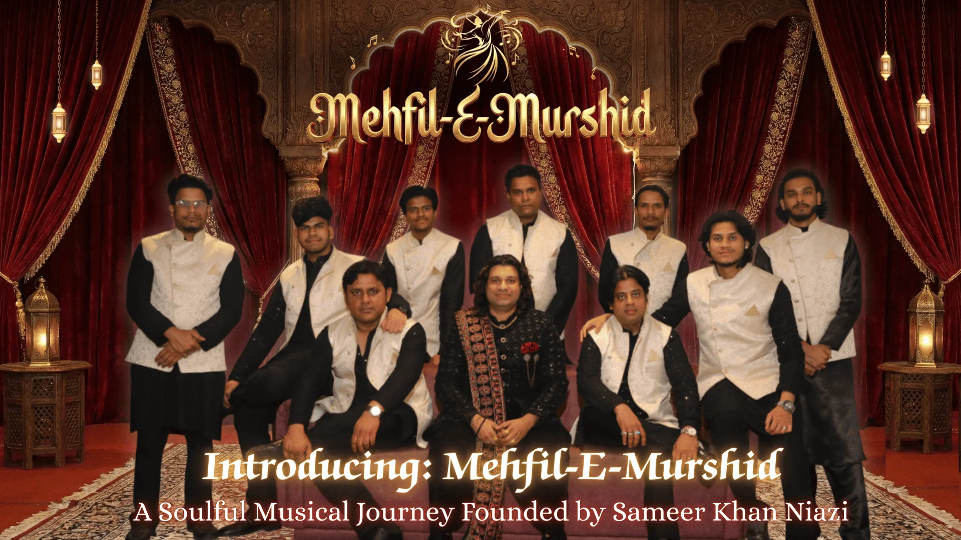 Mehfil-E-Murshid full live band lineup featuring lead singer Sameer Khan Niazi in traditional royal attire